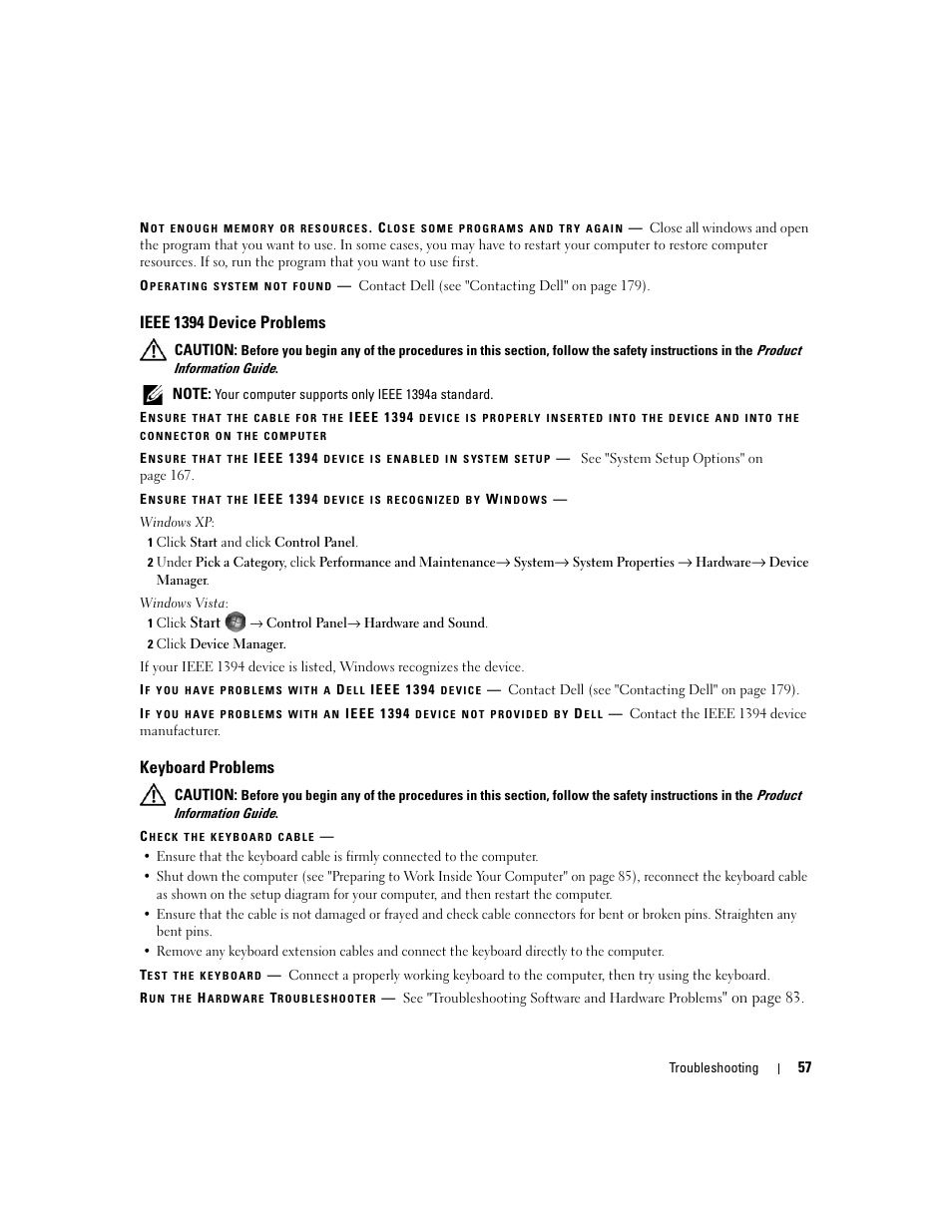 Ieee 1394 device problems, Keyboard problems | Dell XPS 720 (Mid 2007) User Manual | Page 57 / 218