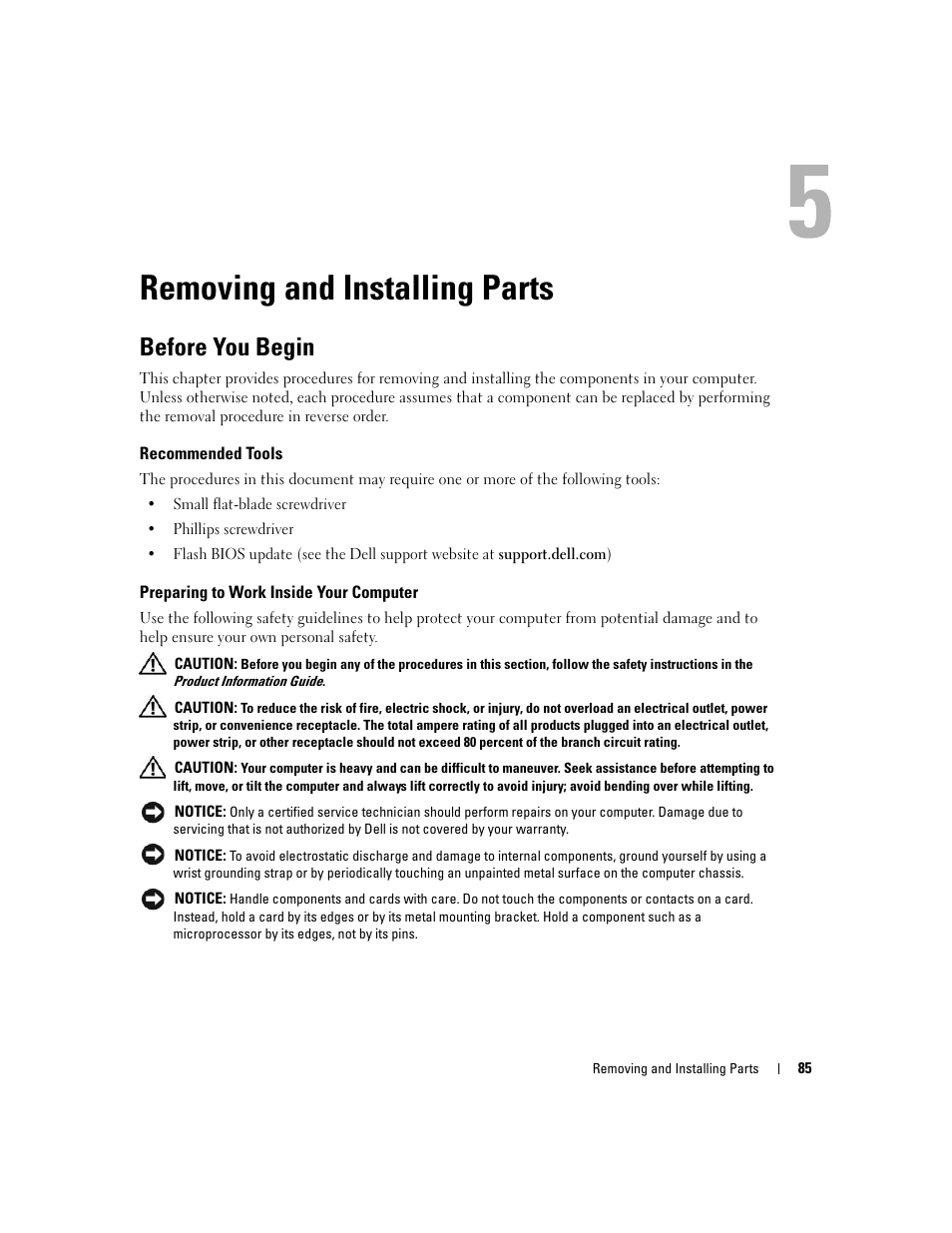 Removing and installing parts, Before you begin, Recommended tools | Preparing to work inside your computer | Dell XPS 720 (Mid 2007) User Manual | Page 85 / 218