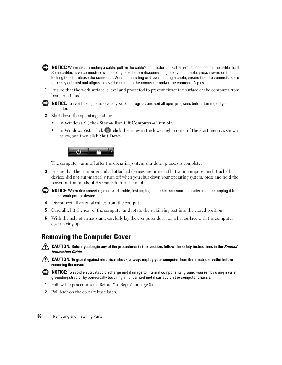 Removing the computer cover | Dell XPS 720 (Mid 2007) User Manual | Page 86 / 218