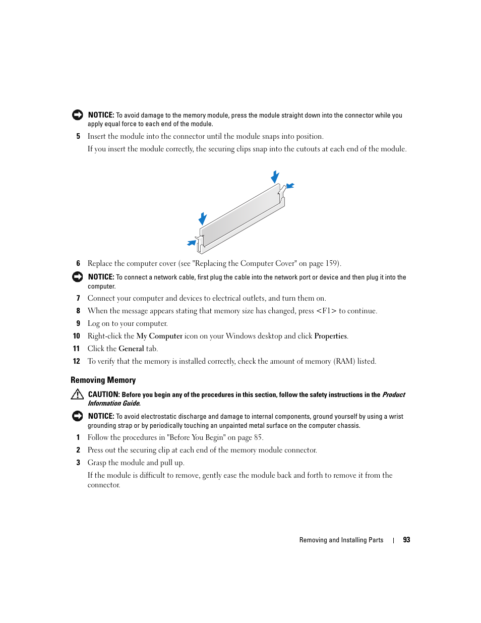 Removing memory | Dell XPS 720 (Mid 2007) User Manual | Page 93 / 218