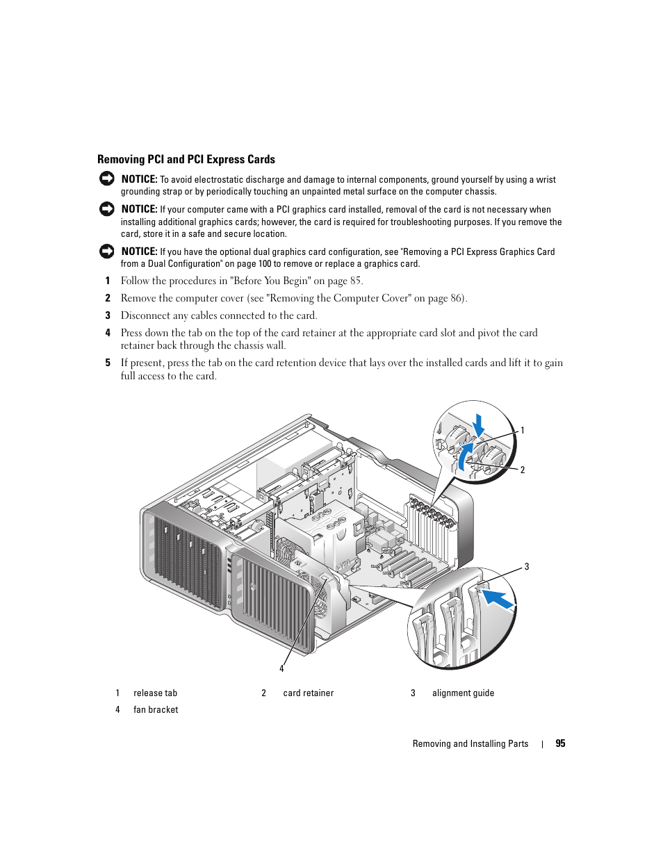 Removing pci and pci express cards | Dell XPS 720 (Mid 2007) User Manual | Page 95 / 218