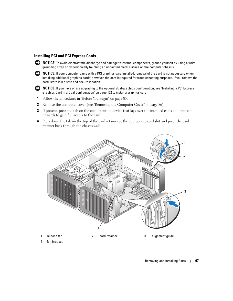 Installing pci and pci express cards, See "installing pci | Dell XPS 720 (Mid 2007) User Manual | Page 97 / 218