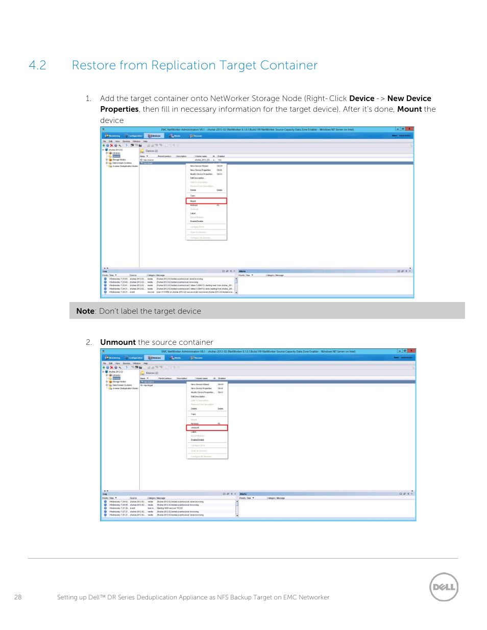 2 restore from replication target container, Restore from replication target container | Dell PowerVault DR2000v User Manual | Page 28 / 33