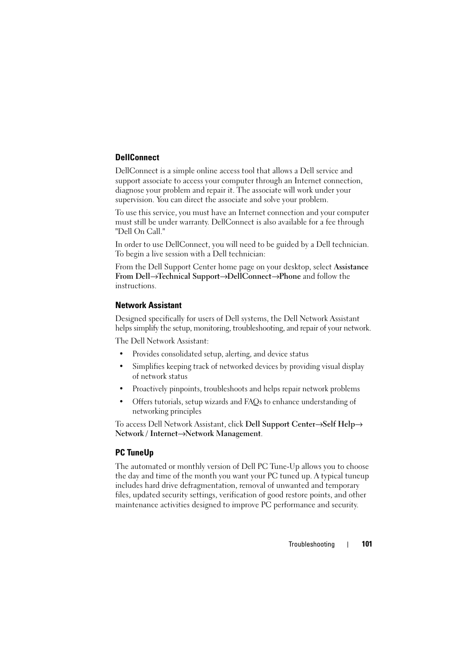 Dellconnect, Network assistant, Pc tuneup | Dell Inspiron 1526 (Late 2007) User Manual | Page 103 / 206