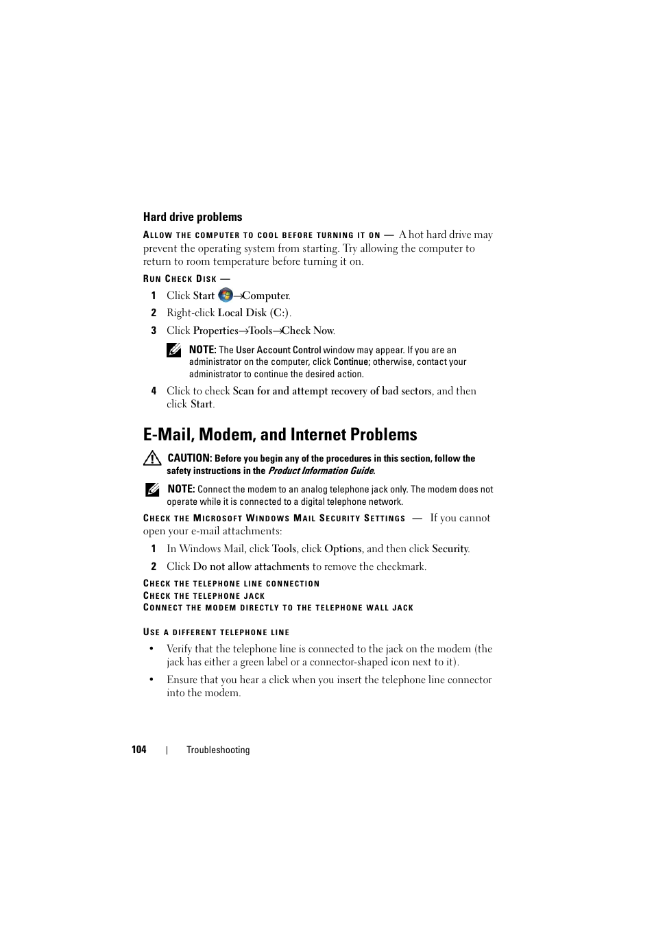 Hard drive problems, E-mail, modem, and internet problems | Dell Inspiron 1526 (Late 2007) User Manual | Page 106 / 206
