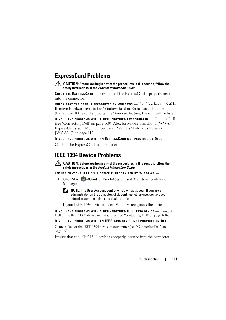 Expresscard problems, Ieee 1394 device problems | Dell Inspiron 1526 (Late 2007) User Manual | Page 113 / 206