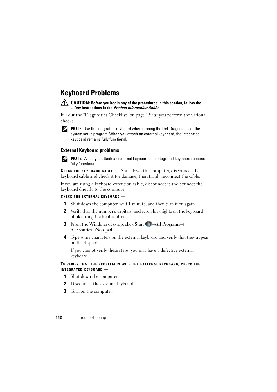 Keyboard problems, External keyboard problems | Dell Inspiron 1526 (Late 2007) User Manual | Page 114 / 206