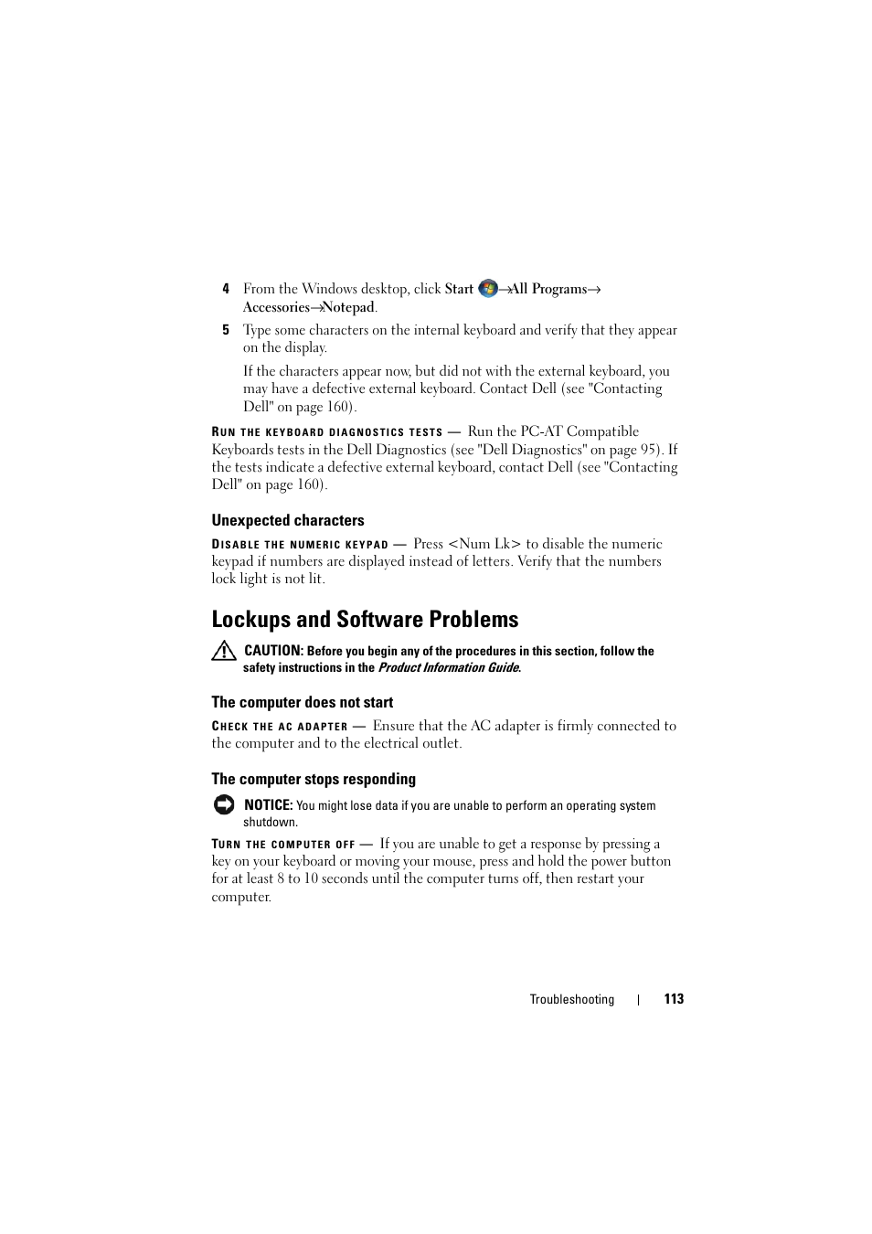 Unexpected characters, Lockups and software problems, The computer does not start | The computer stops responding | Dell Inspiron 1526 (Late 2007) User Manual | Page 115 / 206