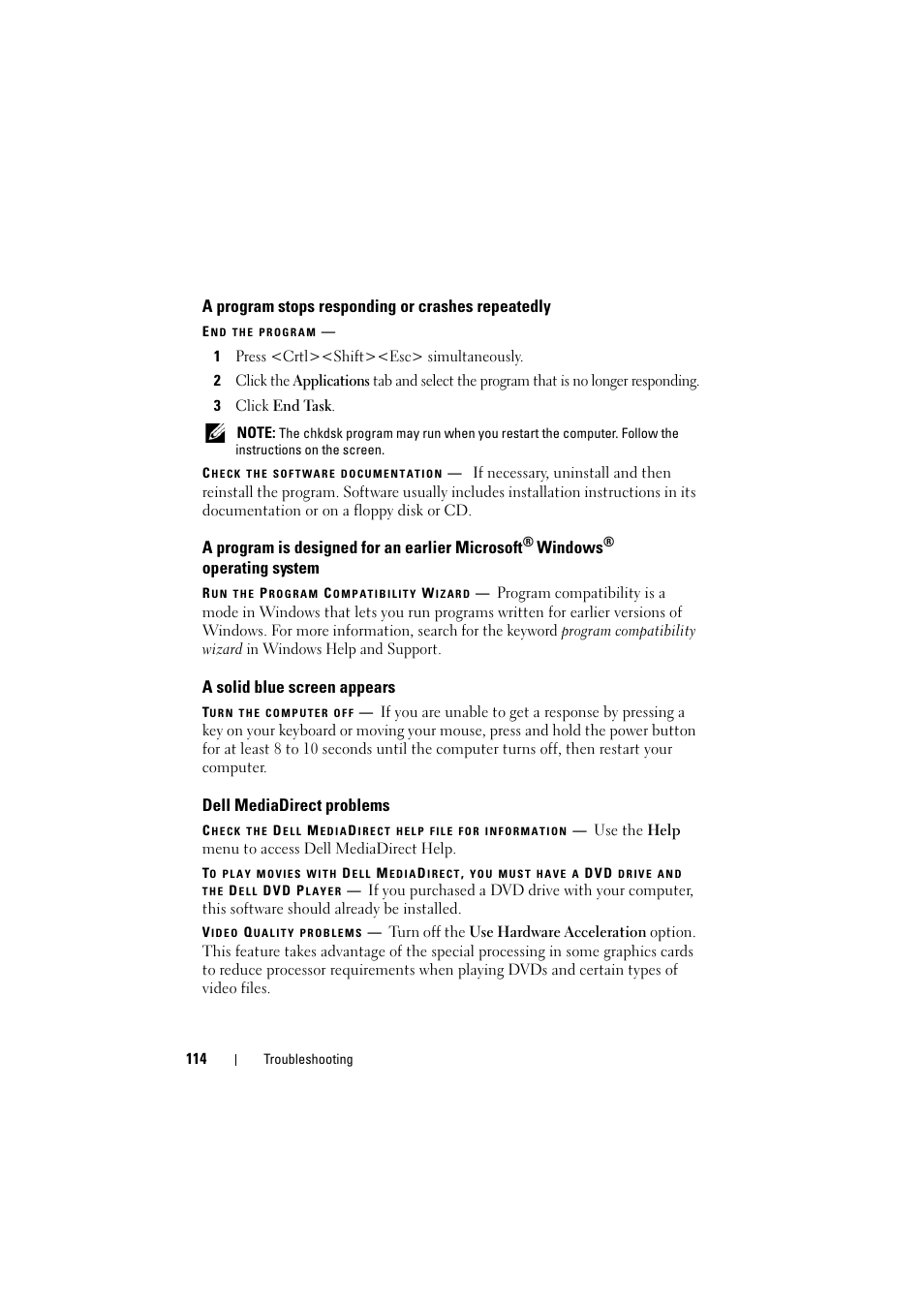 A program stops responding or crashes repeatedly, A solid blue screen appears, Dell mediadirect problems | A program is designed for an earlier microsoft, Windows, Operating system | Dell Inspiron 1526 (Late 2007) User Manual | Page 116 / 206