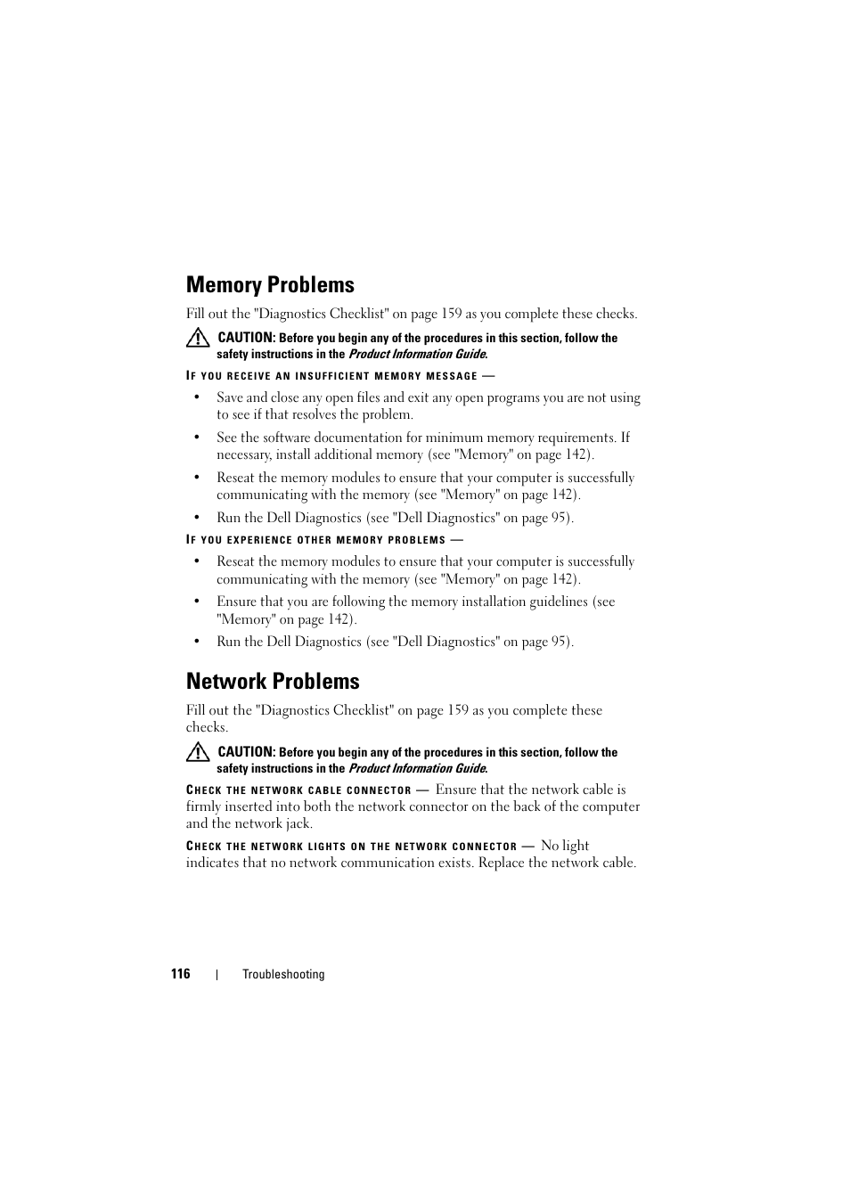 Memory problems, Network problems | Dell Inspiron 1526 (Late 2007) User Manual | Page 118 / 206