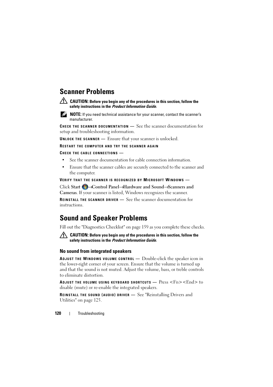 Scanner problems, Sound and speaker problems, No sound from integrated speakers | Dell Inspiron 1526 (Late 2007) User Manual | Page 122 / 206