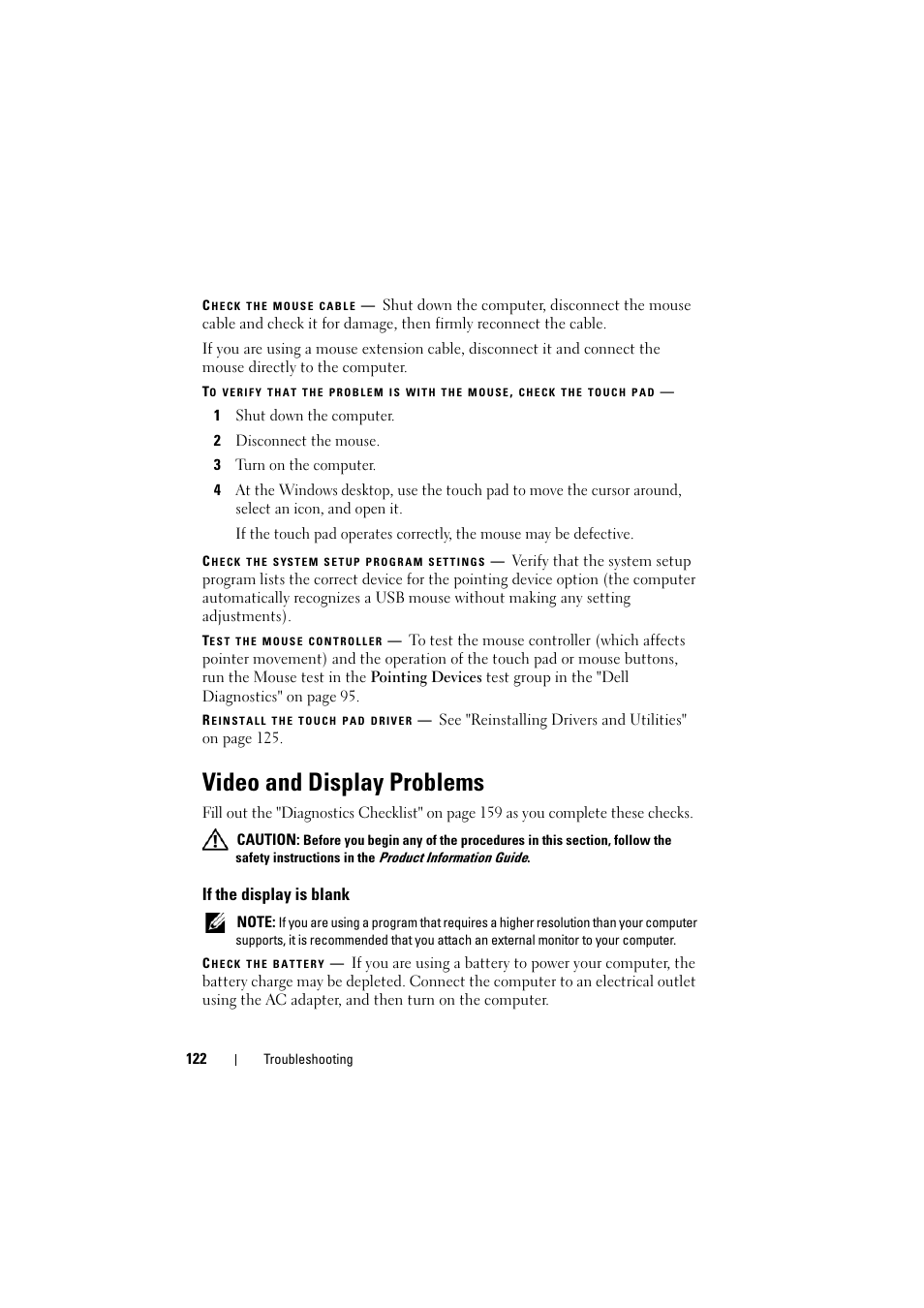 Video and display problems, If the display is blank | Dell Inspiron 1526 (Late 2007) User Manual | Page 124 / 206