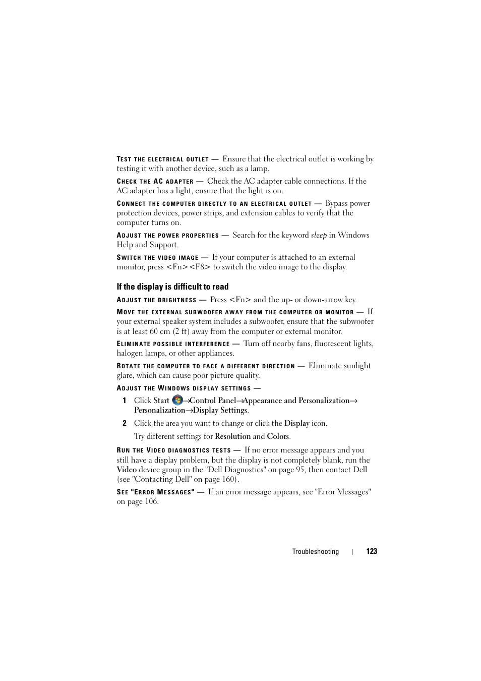 If the display is difficult to read | Dell Inspiron 1526 (Late 2007) User Manual | Page 125 / 206