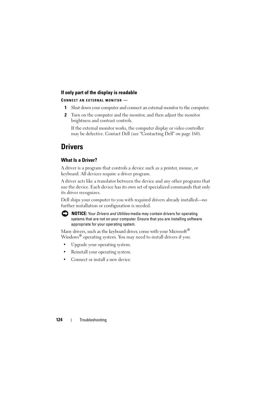 If only part of the display is readable, Drivers, What is a driver | Dell Inspiron 1526 (Late 2007) User Manual | Page 126 / 206