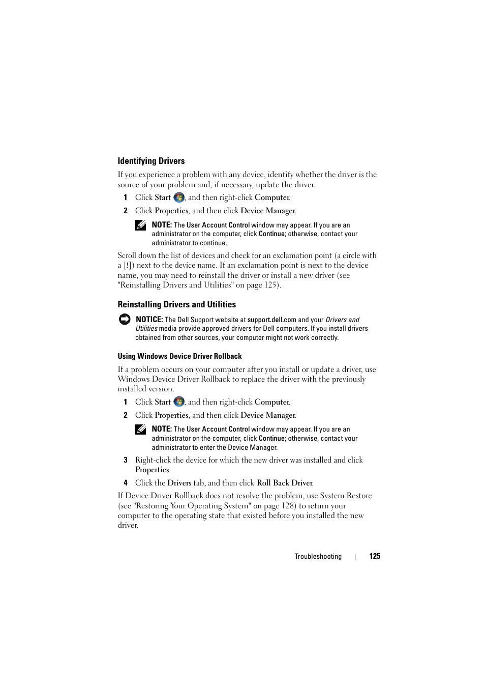 Identifying drivers, Reinstalling drivers and utilities, See "reinstalling drivers and utilities" on | See "reinstalling drivers and utilities | Dell Inspiron 1526 (Late 2007) User Manual | Page 127 / 206