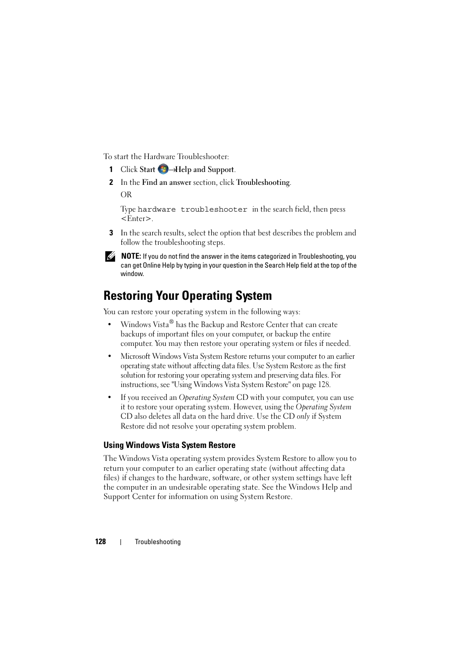 Restoring your operating system, Using windows vista system restore | Dell Inspiron 1526 (Late 2007) User Manual | Page 130 / 206