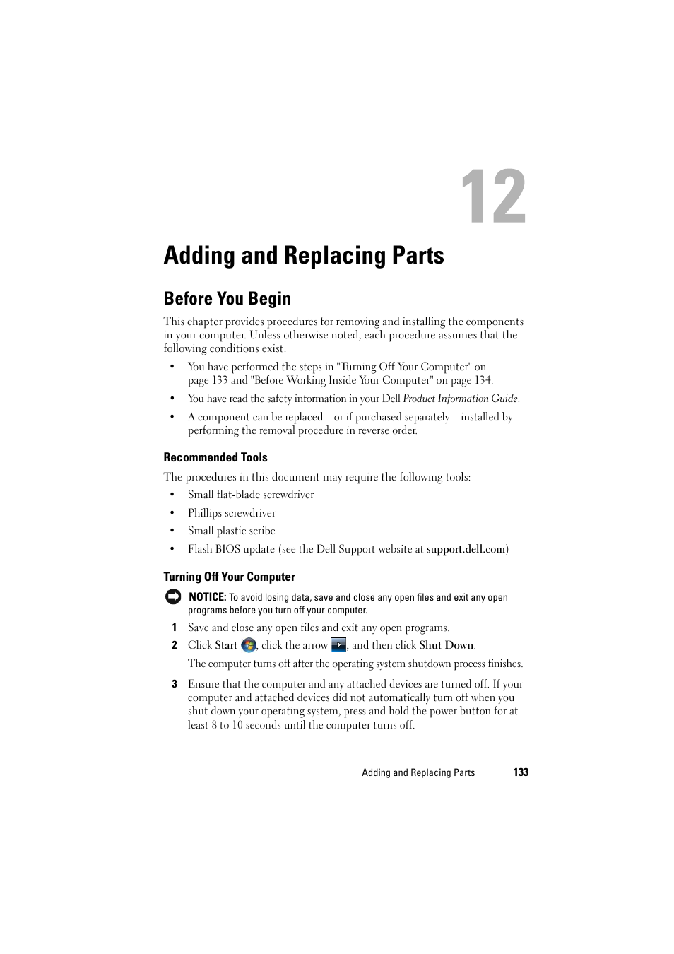 Adding and replacing parts, Before you begin, Recommended tools | Turning off your computer | Dell Inspiron 1526 (Late 2007) User Manual | Page 135 / 206