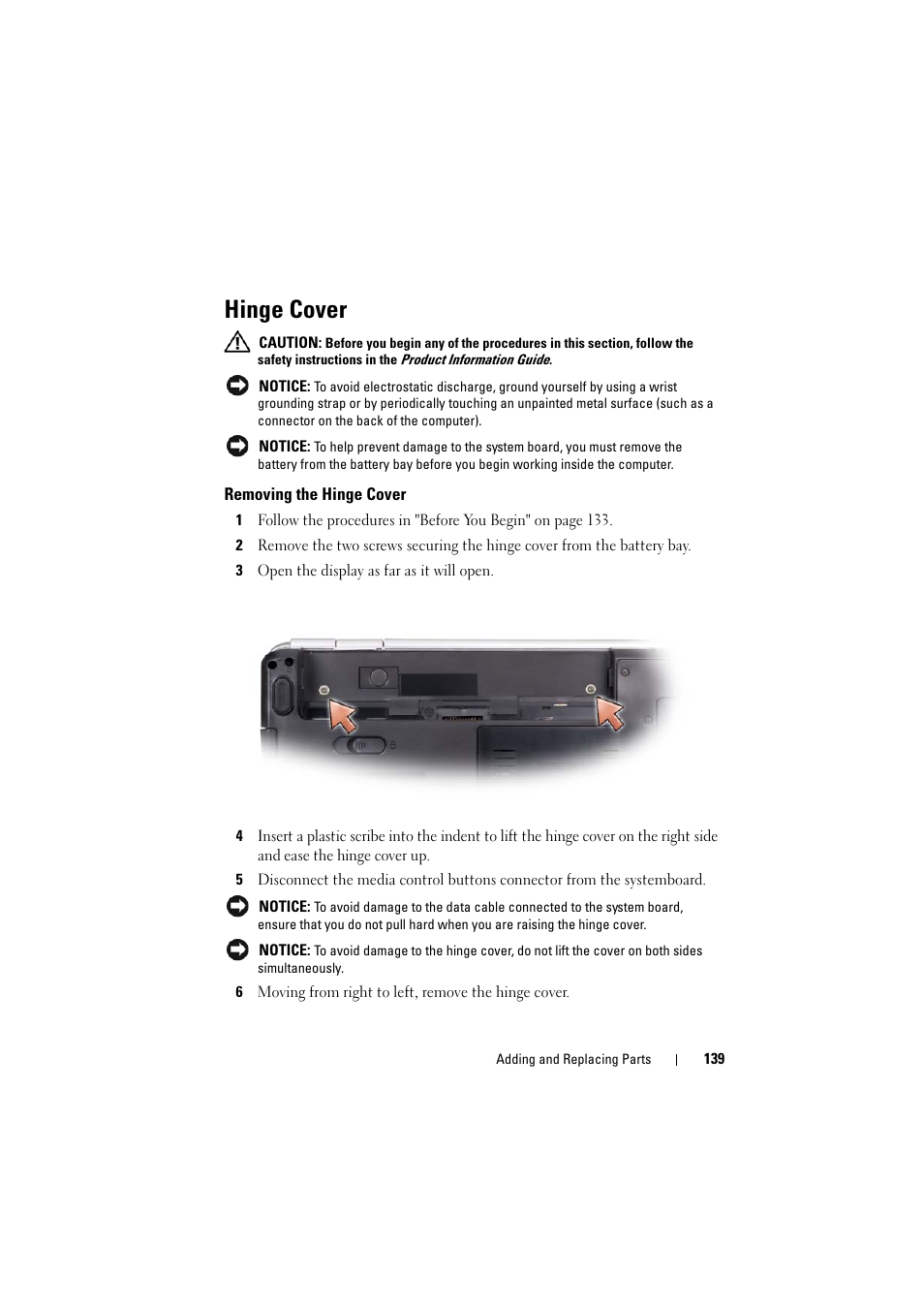 Hinge cover, Removing the hinge cover | Dell Inspiron 1526 (Late 2007) User Manual | Page 141 / 206