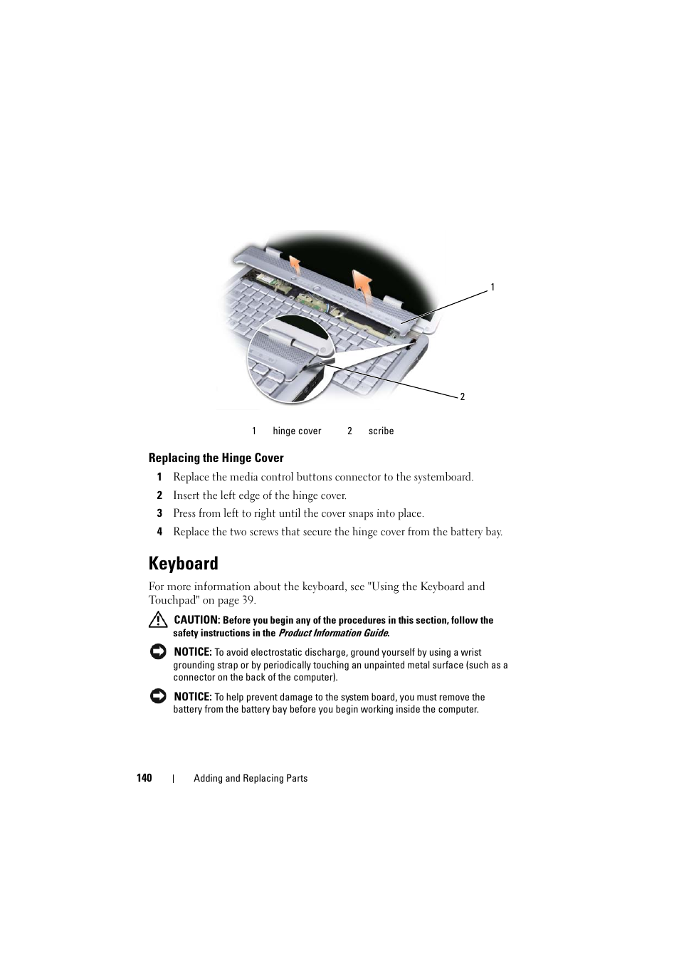 Replacing the hinge cover, Keyboard | Dell Inspiron 1526 (Late 2007) User Manual | Page 142 / 206