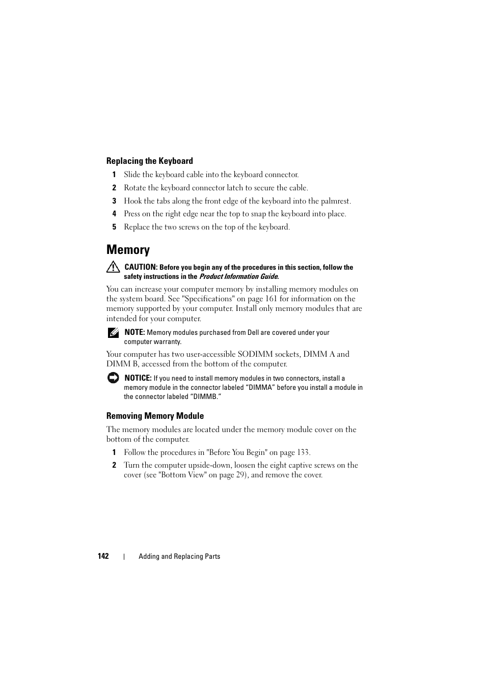 Replacing the keyboard, Memory, Removing memory module | Dell Inspiron 1526 (Late 2007) User Manual | Page 144 / 206