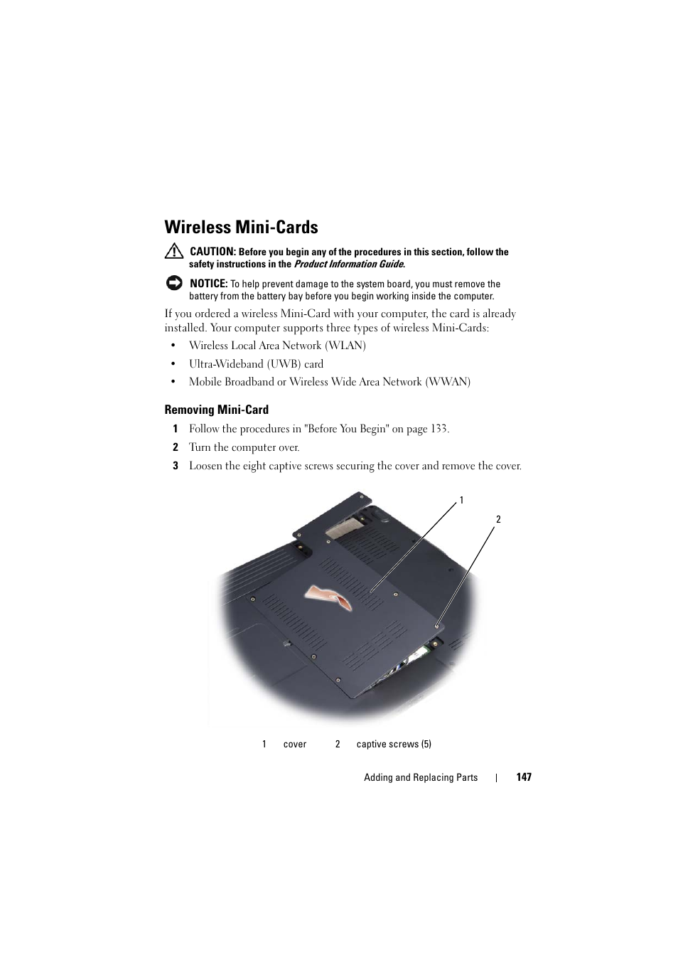 Wireless mini-cards, Removing mini-card | Dell Inspiron 1526 (Late 2007) User Manual | Page 149 / 206