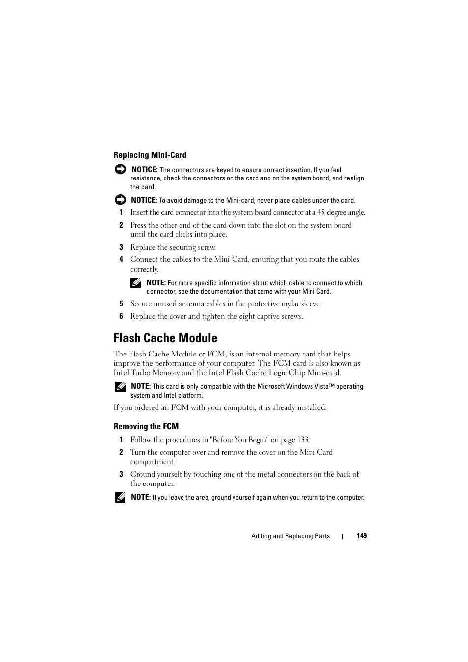 Replacing mini-card, Flash cache module, Removing the fcm | Dell Inspiron 1526 (Late 2007) User Manual | Page 151 / 206