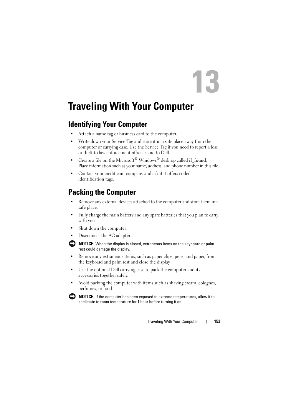 Traveling with your computer, Identifying your computer, Packing the computer | Dell Inspiron 1526 (Late 2007) User Manual | Page 155 / 206