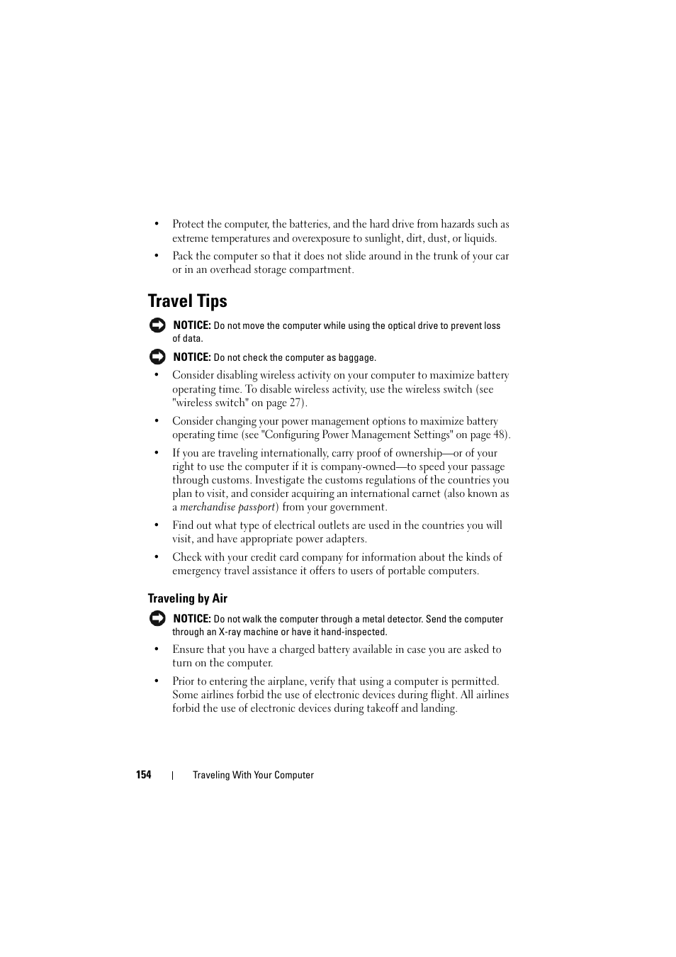 Travel tips, Traveling by air | Dell Inspiron 1526 (Late 2007) User Manual | Page 156 / 206