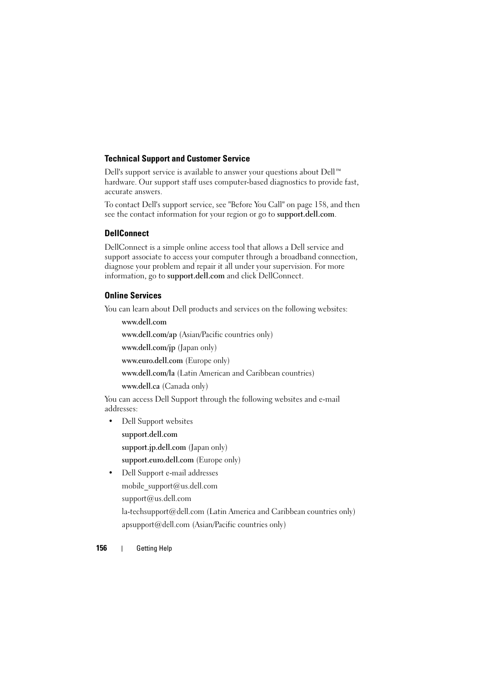 Technical support and customer service, Dellconnect, Online services | Dell Inspiron 1526 (Late 2007) User Manual | Page 158 / 206