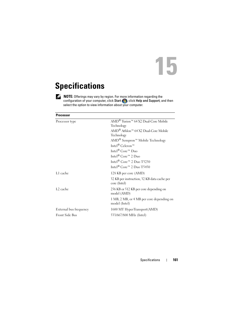Specifications | Dell Inspiron 1526 (Late 2007) User Manual | Page 163 / 206