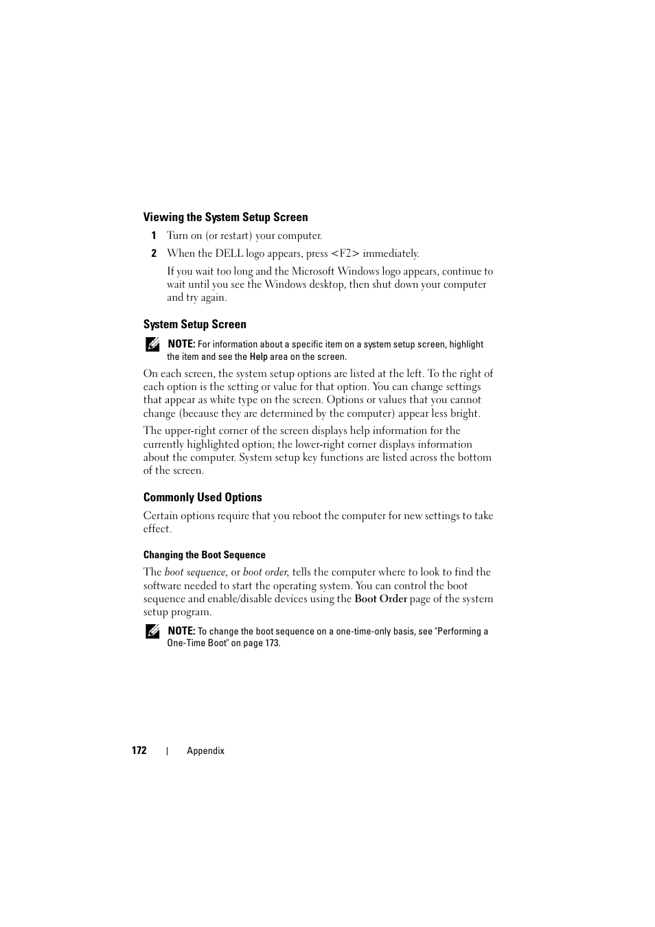 Viewing the system setup screen, System setup screen, Commonly used options | Dell Inspiron 1526 (Late 2007) User Manual | Page 174 / 206