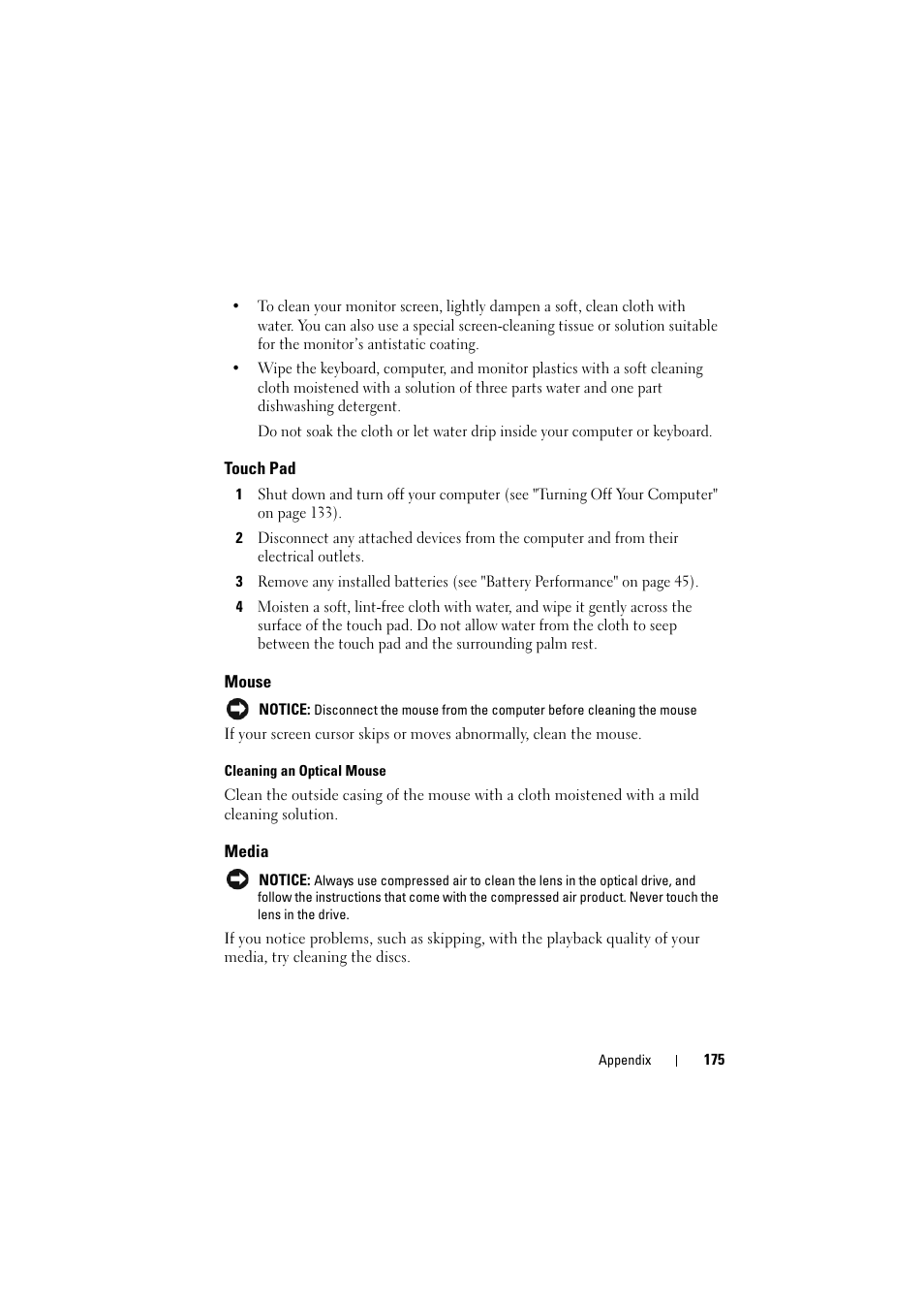 Touch pad, Mouse, Media | Dell Inspiron 1526 (Late 2007) User Manual | Page 177 / 206