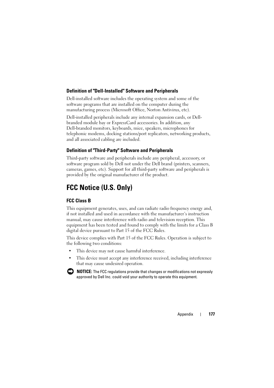 Fcc notice (u.s. only), Fcc class b | Dell Inspiron 1526 (Late 2007) User Manual | Page 179 / 206