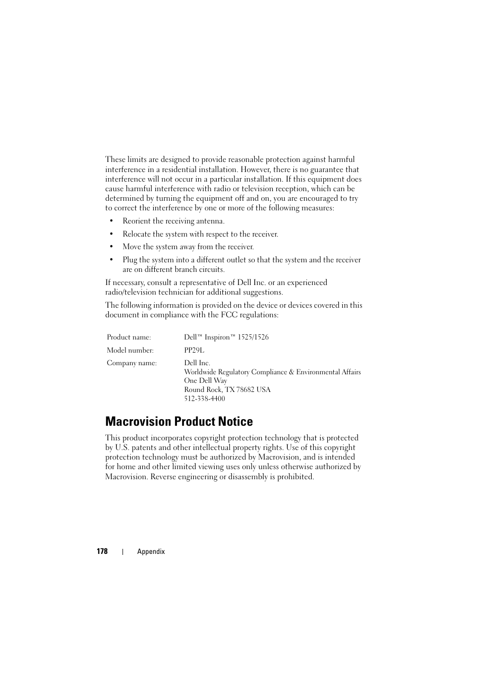 Macrovision product notice | Dell Inspiron 1526 (Late 2007) User Manual | Page 180 / 206