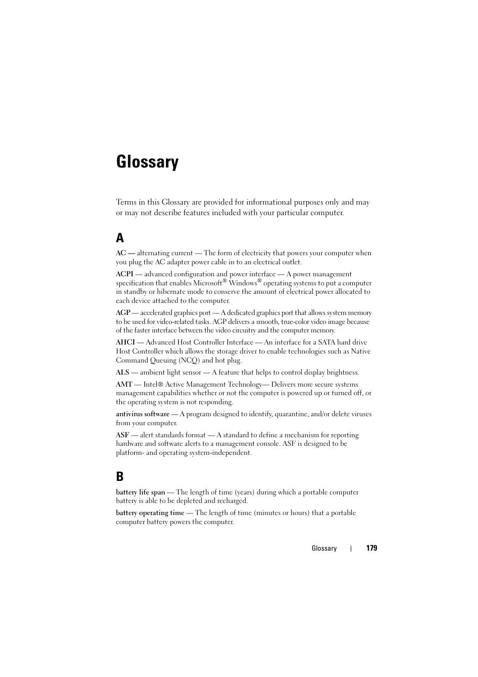 Glossary | Dell Inspiron 1526 (Late 2007) User Manual | Page 181 / 206