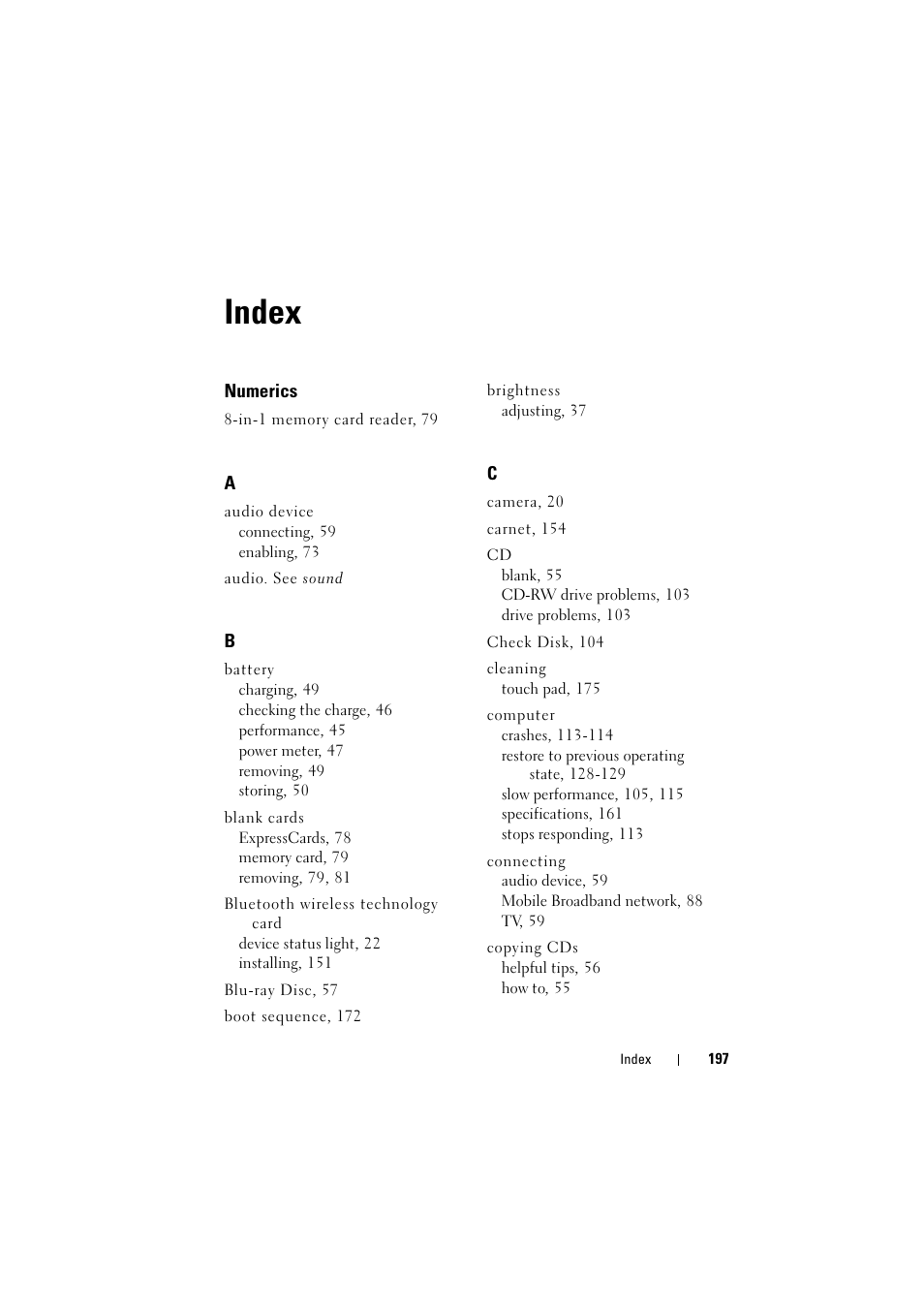 Index | Dell Inspiron 1526 (Late 2007) User Manual | Page 199 / 206