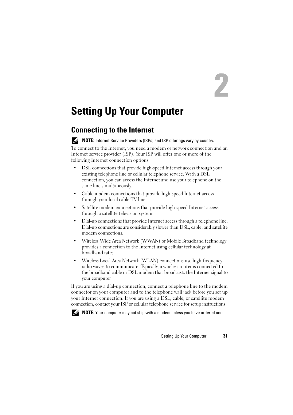 Setting up your computer, Connecting to the internet | Dell Inspiron 1526 (Late 2007) User Manual | Page 31 / 206