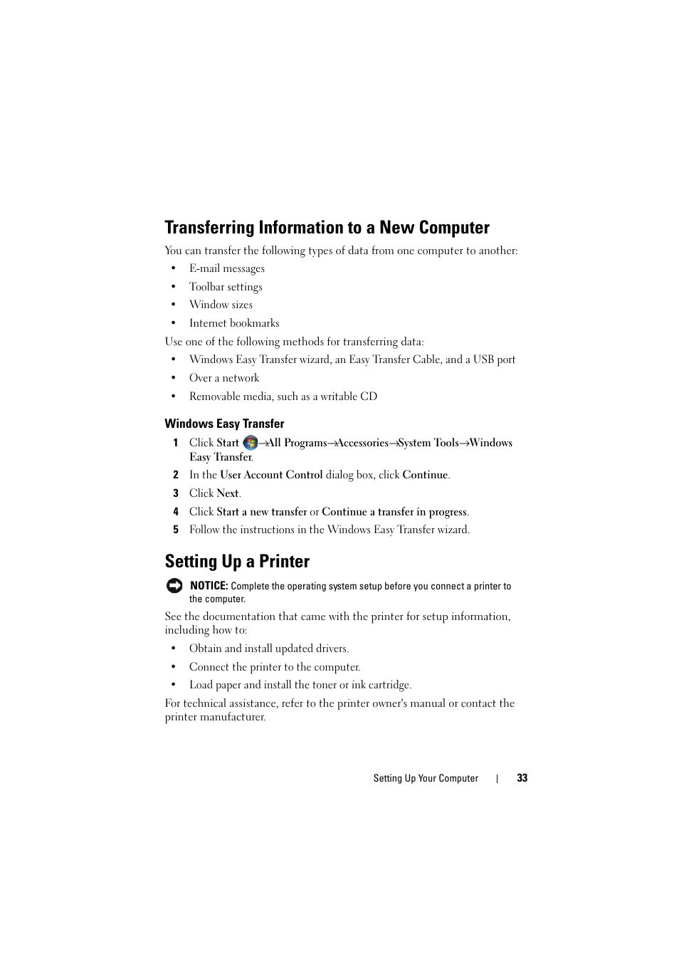 Transferring information to a new computer, Windows easy transfer, Setting up a printer | Dell Inspiron 1526 (Late 2007) User Manual | Page 33 / 206