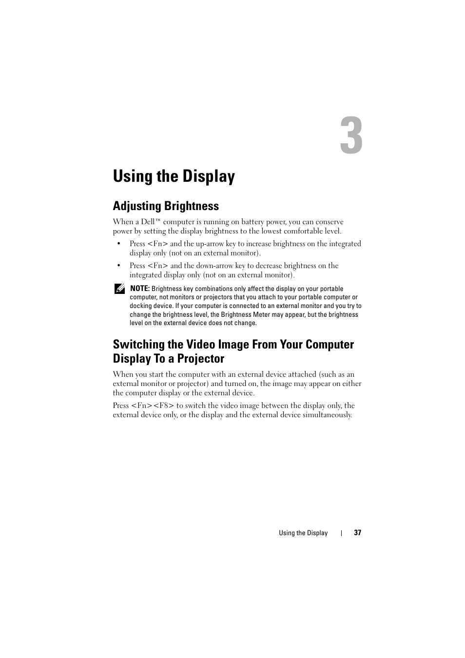 Using the display, Adjusting brightness | Dell Inspiron 1526 (Late 2007) User Manual | Page 37 / 206