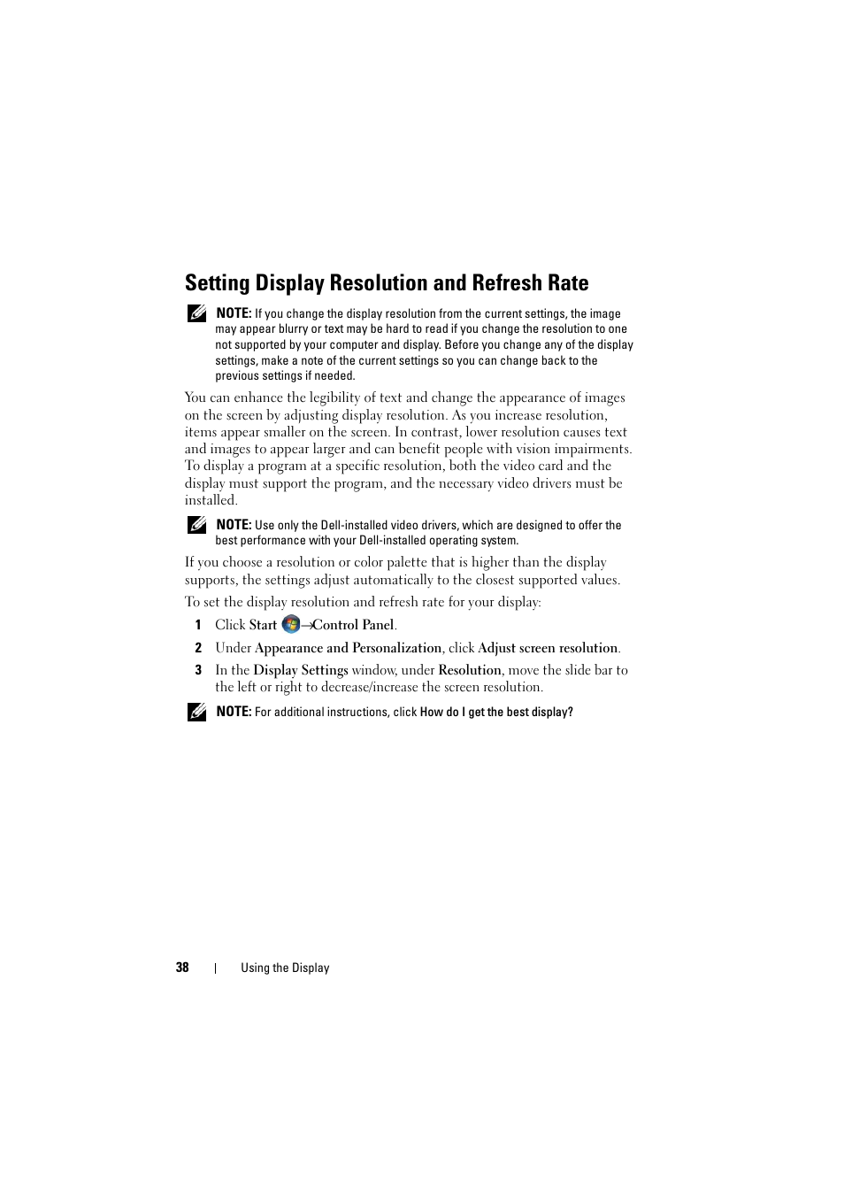 Setting display resolution and refresh rate | Dell Inspiron 1526 (Late 2007) User Manual | Page 38 / 206