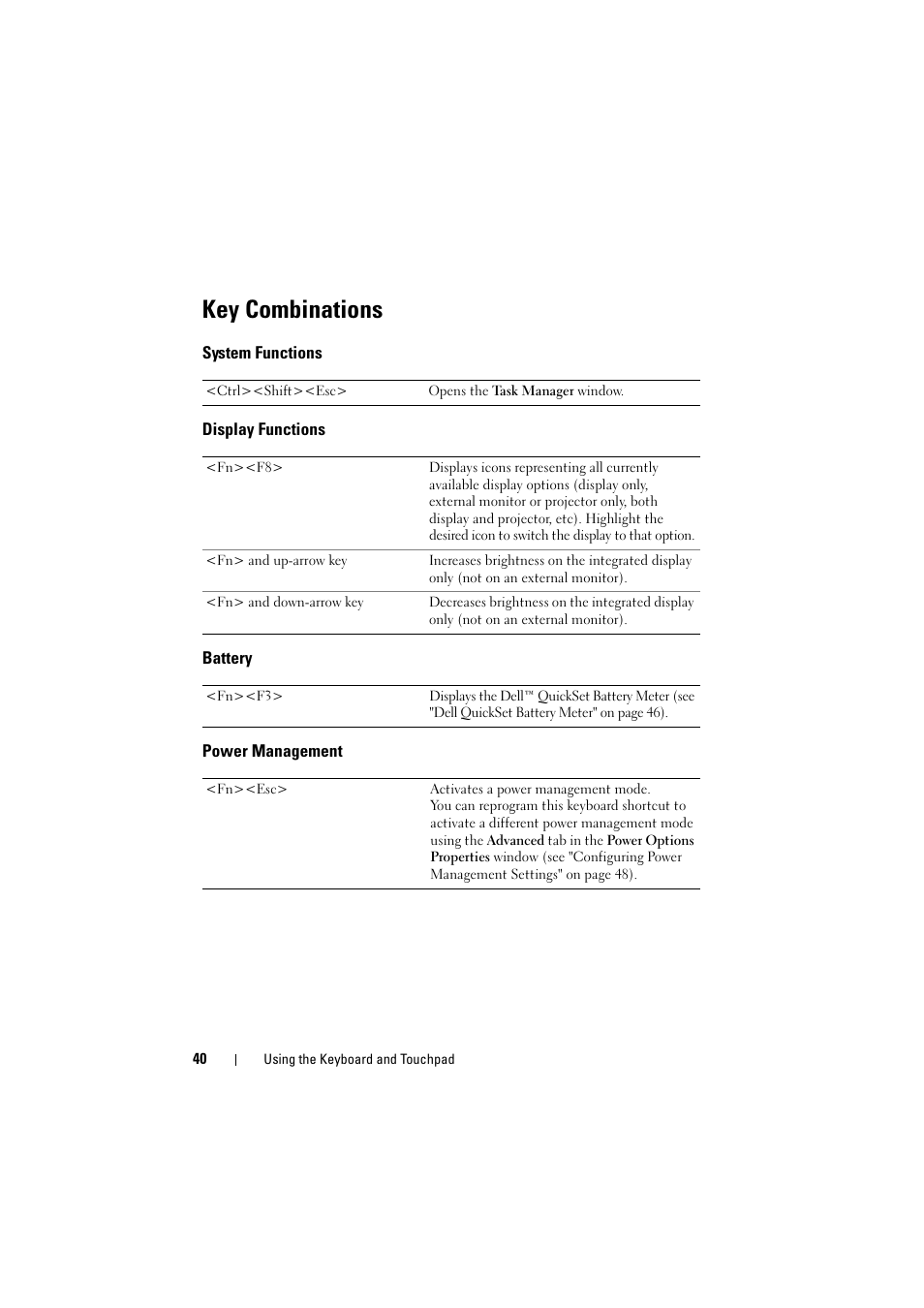 Key combinations, System functions, Display functions | Battery, Power management | Dell Inspiron 1526 (Late 2007) User Manual | Page 40 / 206