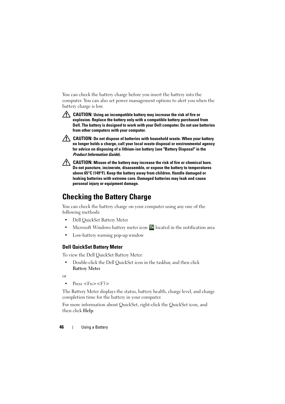 Checking the battery charge, Dell quickset battery meter | Dell Inspiron 1526 (Late 2007) User Manual | Page 46 / 206