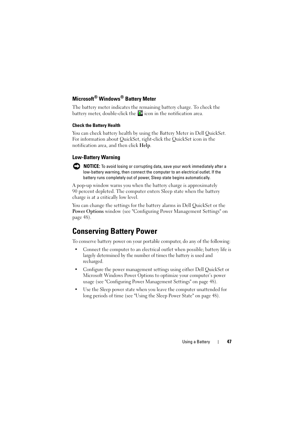 Microsoft® windows® battery meter, Low-battery warning, Conserving battery power | Microsoft | Dell Inspiron 1526 (Late 2007) User Manual | Page 47 / 206