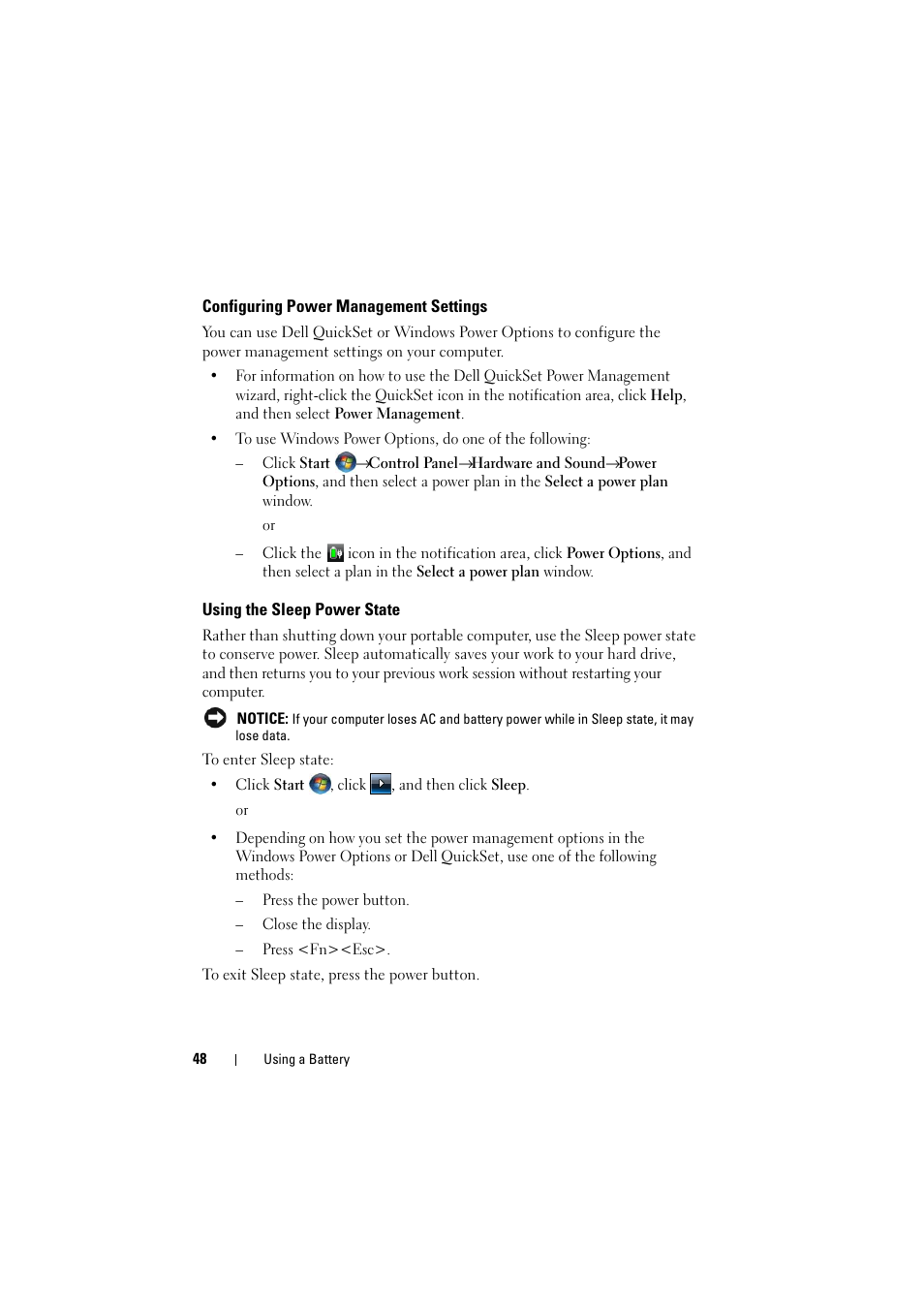 Configuring power management settings, Using the sleep power state | Dell Inspiron 1526 (Late 2007) User Manual | Page 48 / 206