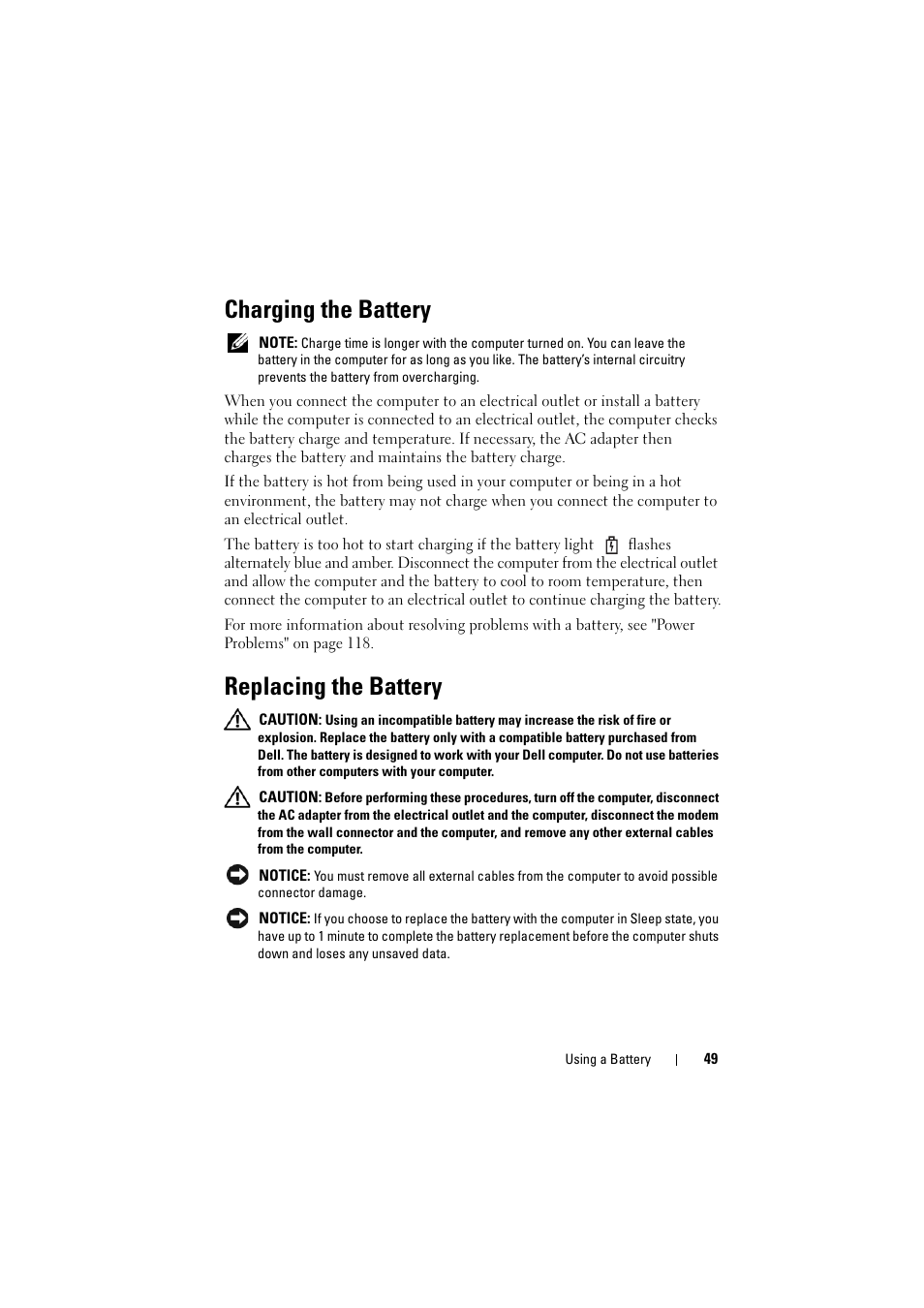Charging the battery, Replacing the battery | Dell Inspiron 1526 (Late 2007) User Manual | Page 49 / 206