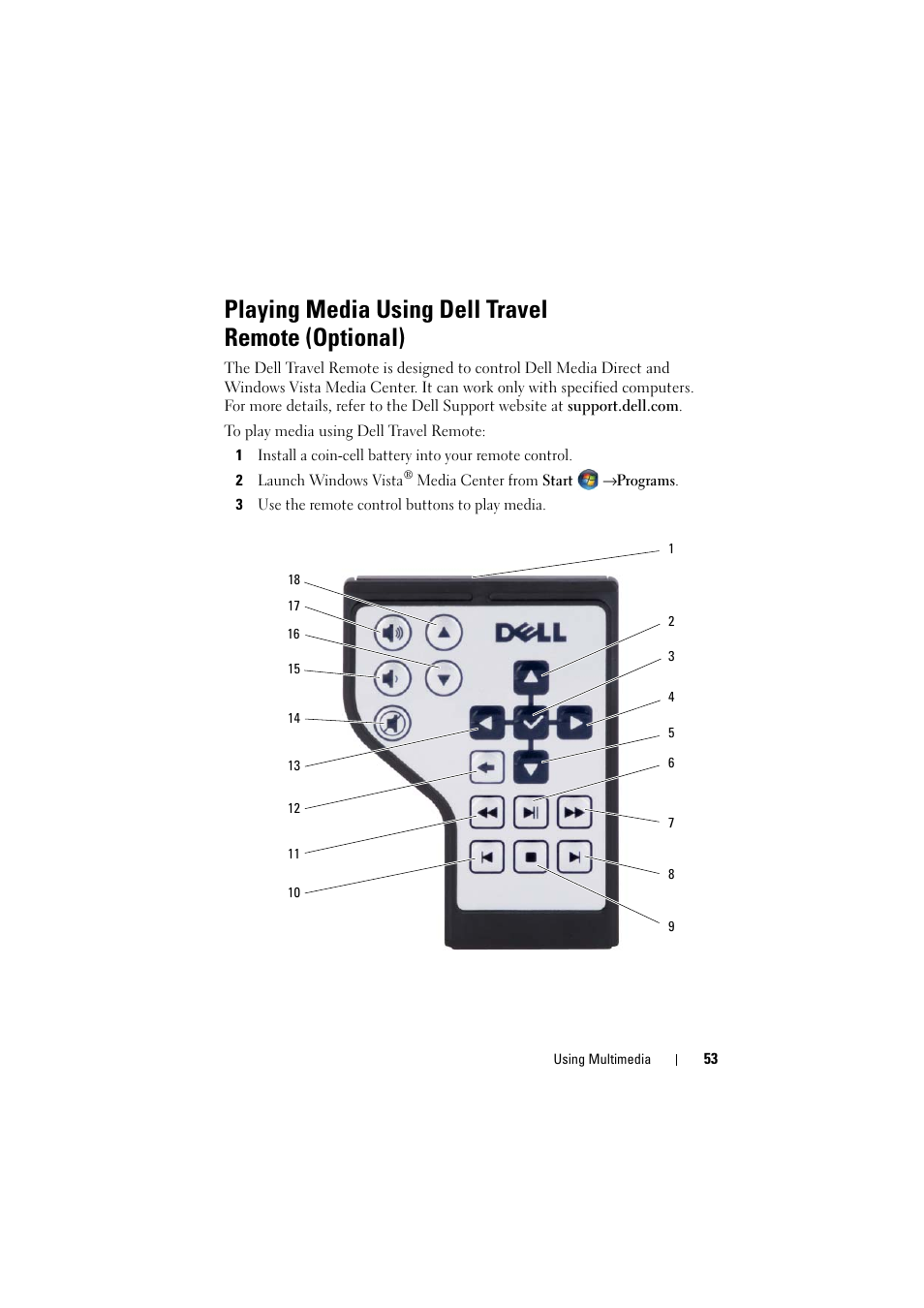 Playing media using dell travel remote (optional) | Dell Inspiron 1526 (Late 2007) User Manual | Page 53 / 206