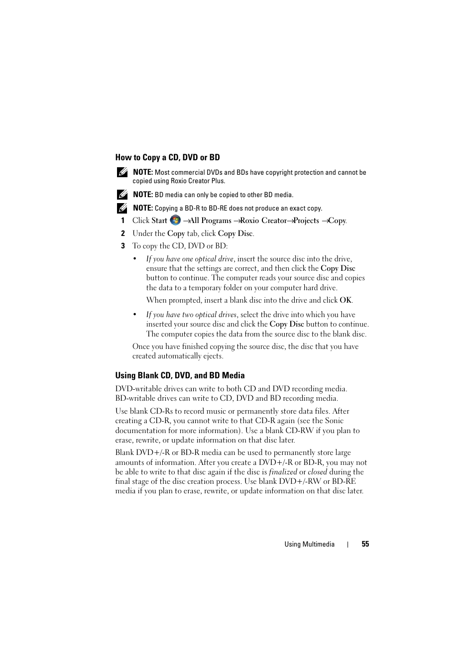 How to copy a cd, dvd or bd, Using blank cd, dvd, and bd media | Dell Inspiron 1526 (Late 2007) User Manual | Page 55 / 206