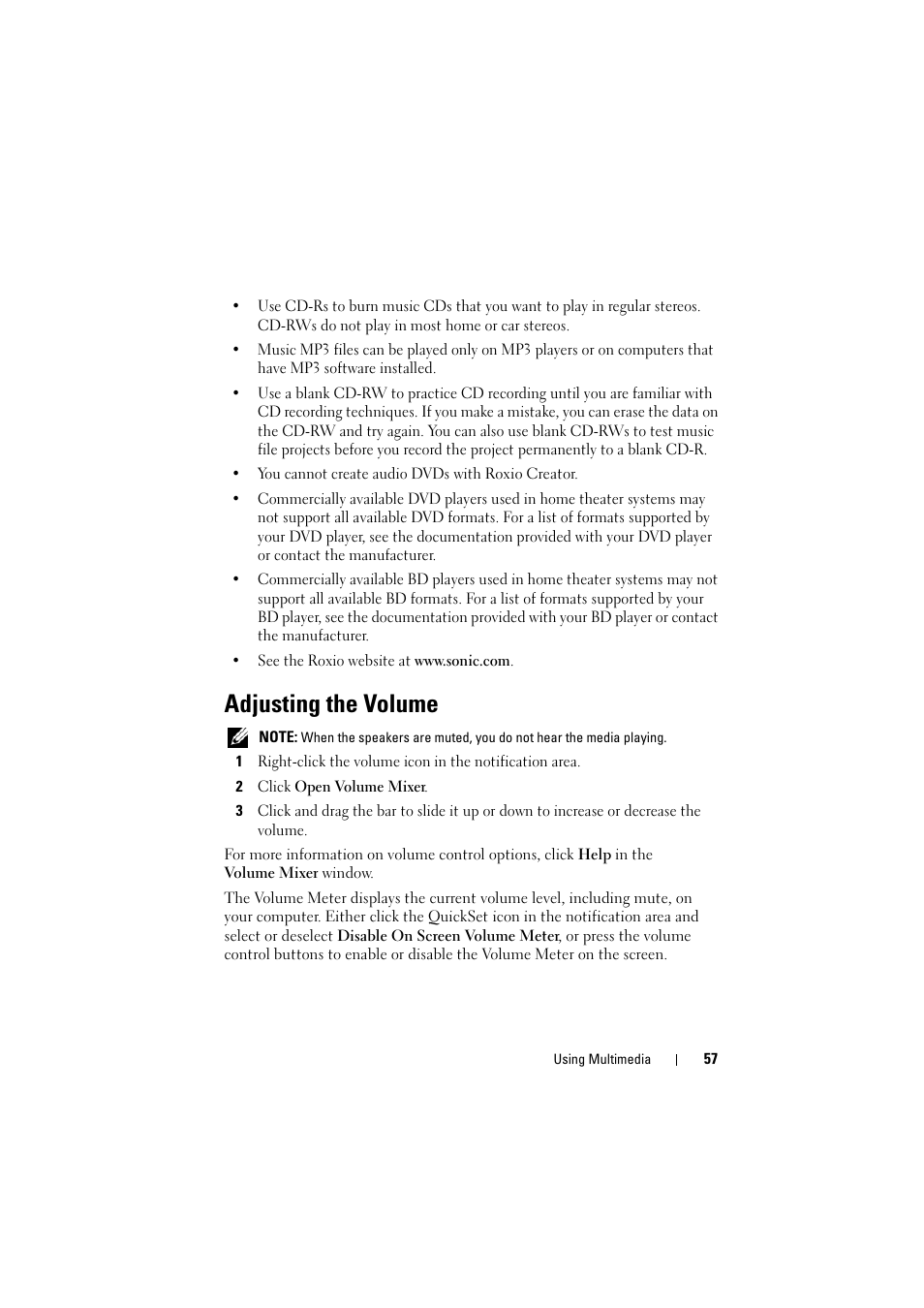 Adjusting the volume | Dell Inspiron 1526 (Late 2007) User Manual | Page 57 / 206