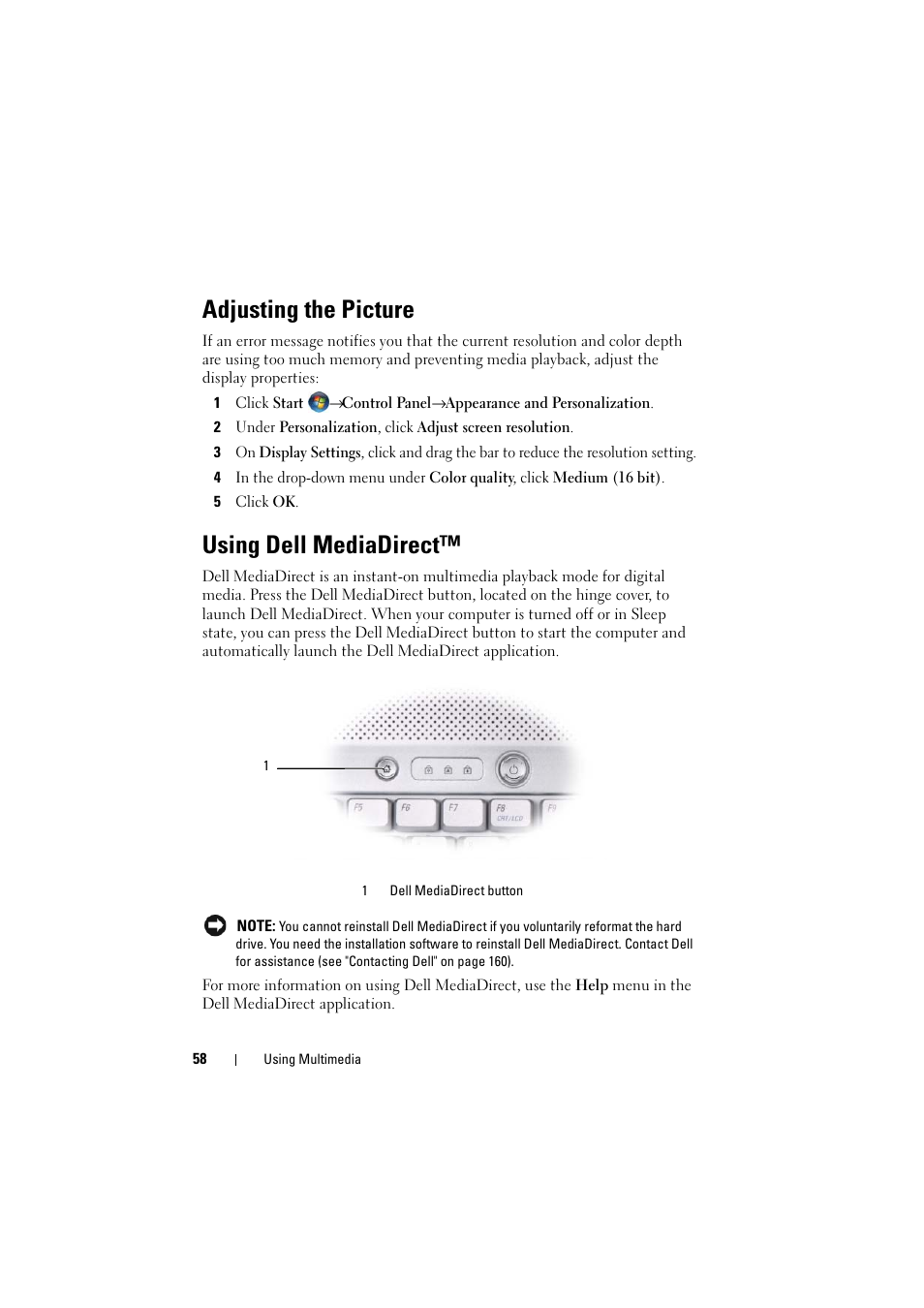Adjusting the picture, Using dell mediadirect | Dell Inspiron 1526 (Late 2007) User Manual | Page 58 / 206