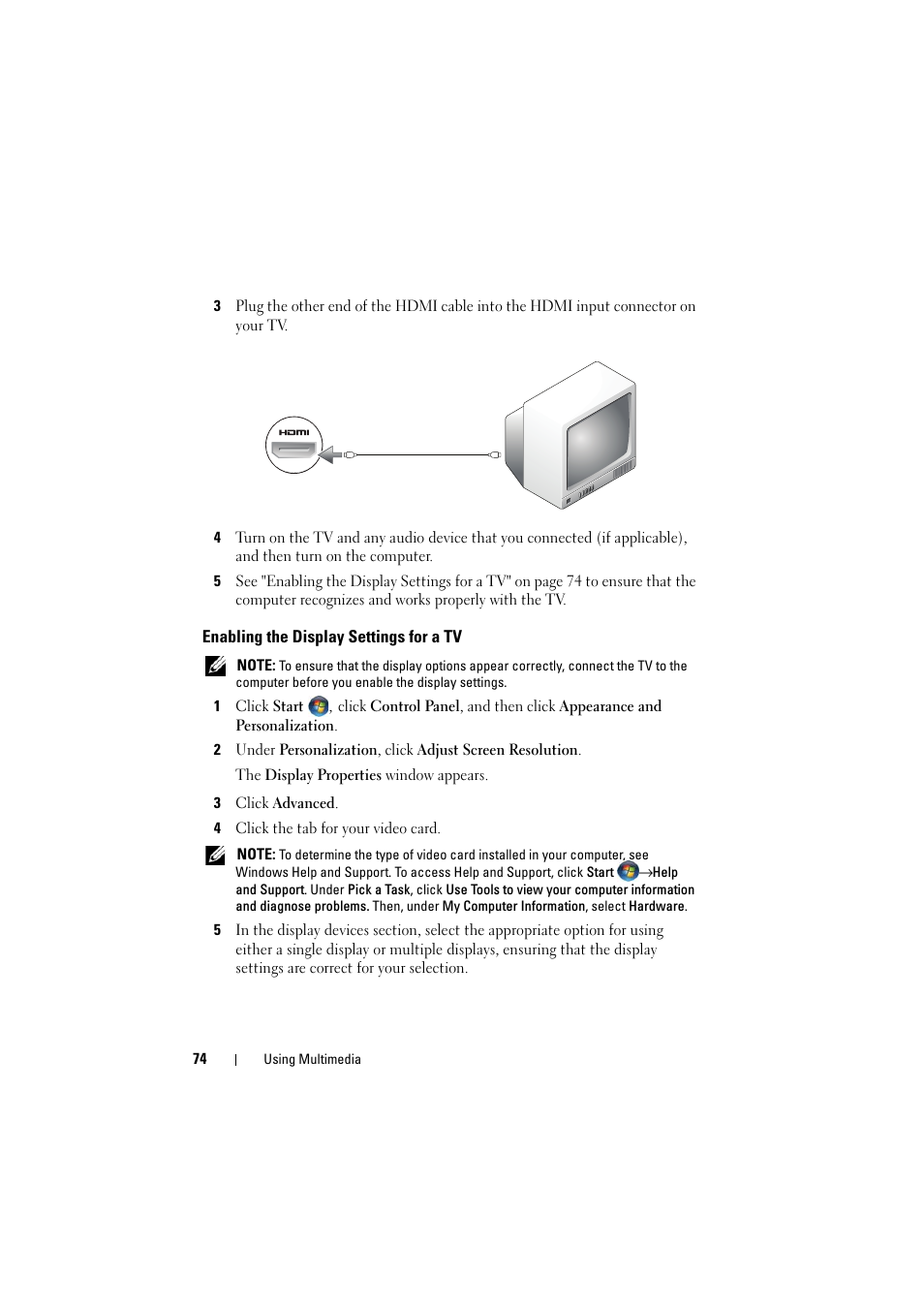 Enabling the display settings for a tv | Dell Inspiron 1526 (Late 2007) User Manual | Page 74 / 206